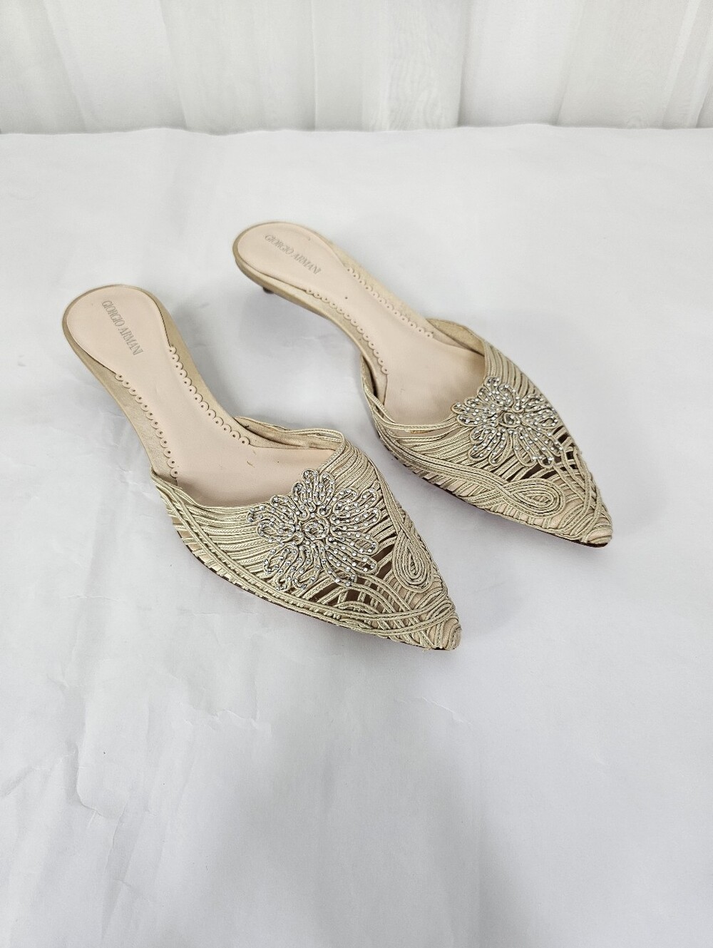 Vintage Giorgio Armani Corded Metallic Gold Embellished Mule Kitten Heel Size 38